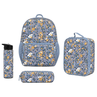 Sac d'école ergonomique 4 pièces avec imprimé marguerite, sac à dos, sac repas, trousse à crayons et gourde
