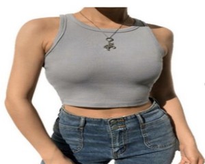 Camiseta sin mangas corta acanalada personalizada para <span class=keywords><strong>mujer</strong></span> Camiseta en blanco barata con cuello redondo con decoración de logotipo Camiseta lisa de longitud corta - Product Image 6