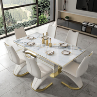 Ensemble de table à manger moderne de luxe 6 places en marbre, siège en pierre frittée, verre et métal pour la maison, l'hôtel, la cuisine, le restaurant, meubles