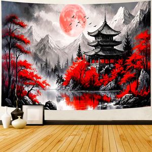 Tapiz de Pared de Poliéster Japonés con Diseño de Pagoda de Arce Rojo y Luna, Impreso, Lavable a Máquina, Decoración de Pared Japonesa, Venta al Por Mayor - Product Image 6