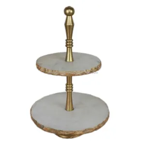 Marmeren Ronde 2 Tier Marmeren Caketribune Gouden Rand Ontwerp Decoratieve Cupcake Display Stand Metalen Caketribune