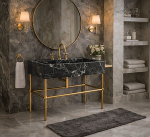 Lavabo in Marmo Bianco e Nero Personalizzato con Gambe in Ottone, <span class=keywords><strong>Lavandino</strong></span> in Pietra Naturale, Lavabo Moderno da Parete in Marmo - Product Image 2