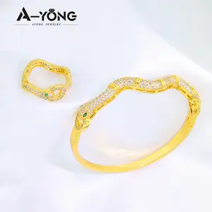 Ensemble de bijoux en forme de serpent au Design Unique, bracelet et bague de dubaï plaqué or 24k pour femmes