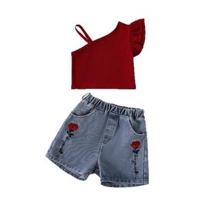 2025 Shorts in Denim per ragazze estate nuova tuta Casual gilet rosso a tinta unita e Hot Pants per Set da <span class=keywords><strong>bambina</strong></span> - Product Image 5