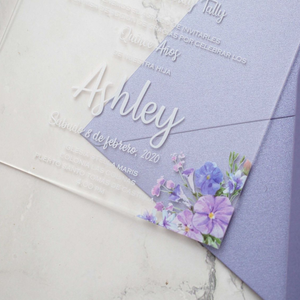 การ์ดเชิญงานแต่งงานอะคริลิครูปดอกไม้สีม่วงใสสง่างามเรียบง่ายพร้อมซองสำหรับ<span class=keywords><strong>คน</strong></span>สมัยใหม่งานเลี้ยงวินาศกรรม - Product Image 4