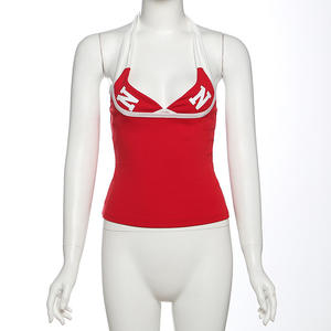 Rosso estivo Sexy senza maniche Sexy con ombelico esposto gilet con imbracatura a collo alto Casual da donna T-shirt - Product Image 5