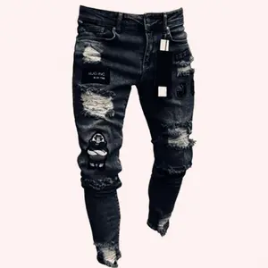 Calça jeans masculina personalizada para homens, calça jeans preta branca com rasgos e danos magros, estiramento cônico desgastado