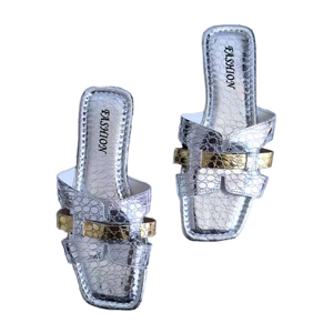 Classique H-Style <span class=keywords><strong>Oran</strong></span> <span class=keywords><strong>sandales</strong></span> décontractées à la mode sans lacet pantoufles plates usine en gros argent femmes plate-forme bout ouvert pantoufles PU - Product Image 6