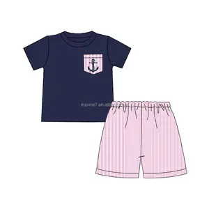 Wholesale Kids Boutique Clothing 2 Piece Seersucker Sets Anchor Embroidery Summer Baby Boys Outfits