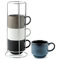 Ensemble de tasses à café en céramique empilables de style nordique avec support métallique, logo personnalisé, tasses en porcelaine côtelées empilables pour la maison (15 oz)