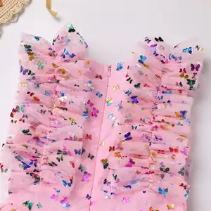 New Design Butterfly Tulle Midi Dress Ruffle Sleeves Square Neck A Lined Dress Zipper Back Summer Dresses For Little Girls