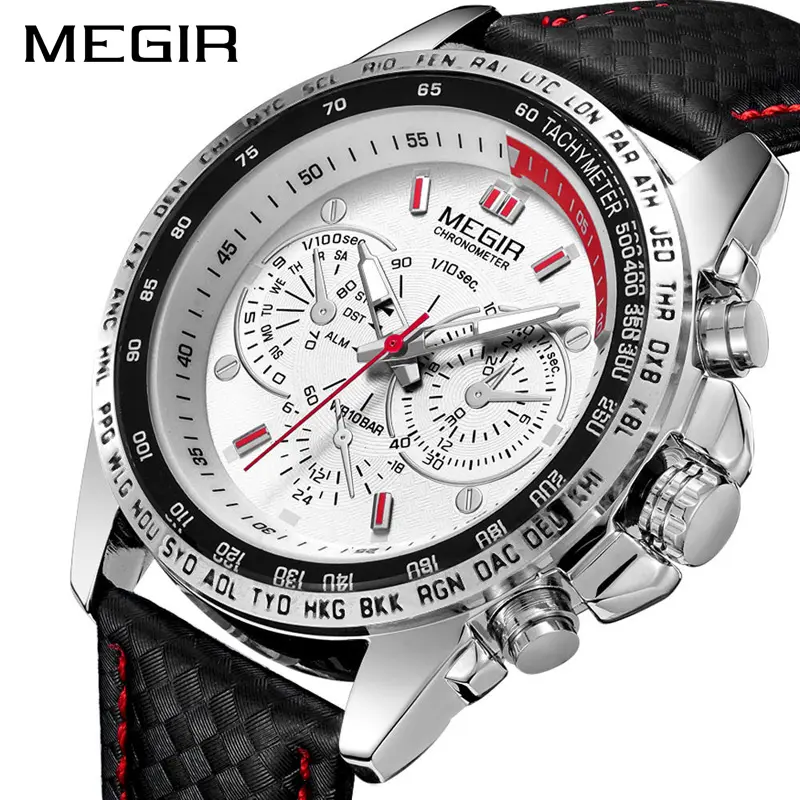 MEGIR 1010 new style black boys quartz watch original PU leather strap world time dials decoration Simple business hand watch