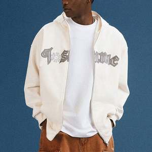 Sudadera con capucha de algodón 100% French Terry para hombre, con cremallera completa, de invierno, gruesa, bordada, transpirable, impermeable, con patrón de letras personalizado - Product Image 4