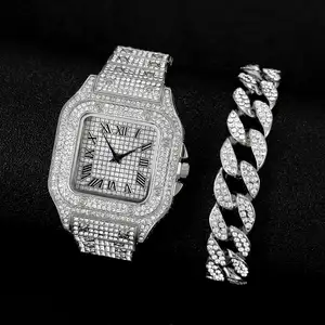 Moda Rhinestone Crystal Men Watch Gift Set con pulsera Luxury Diamond Reloj de cuarzo para hombres Relojes De Cuarzo