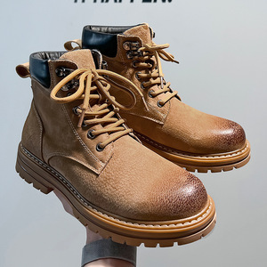 Bottes de travail en cuir véritable pour hommes, style britannique, avec sangle à la cheville et semelle en caoutchouc, confortables et respirantes, disponibles dans toutes les tailles. - Product Image 1
