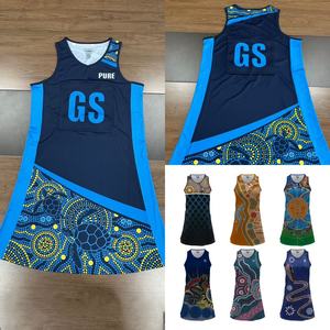 Tinh khiết Úc bản địa thăng hoa in bán buôn tùy chỉnh riêng Logo <span class=keywords><strong>netball</strong></span> đồng phục Dresses <span class=keywords><strong>netball</strong></span> Jerseys bao gồm yếm - Product Image 1