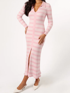 Abito midi da donna <span class=keywords><strong>in</strong></span> <span class=keywords><strong>maglia</strong></span> a costine a blocchi di colore, <span class=keywords><strong>vestito</strong></span> a <span class=keywords><strong>maglia</strong></span> aderente <span class=keywords><strong>con</strong></span> collo a polo e <span class=keywords><strong>spacco</strong></span>, abito casual a maniche lunghe - Product Image 5