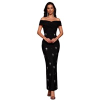 Robe de soirée moulante noire à strass sans bretelles à manches courtes pour femme