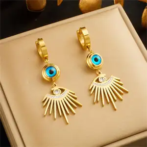 Mulheres Moda 18k Pvd Banhado A Ouro Brinco De Argola Jewlery 316L Aço Inoxidável Azul Olho Dangle Drop Brincos