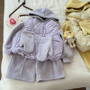 Girls Winter Cotton Outfit Set With Hooded Vest Gloves Thickened Pants Solid Color Children's Clothing - Product Image 4