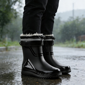Rain Boots Men Mid Calf Waterproof Slip On Flat Heel Solid Color Outdoor Shoes For Fishing Delivery Riders - Product Image 4