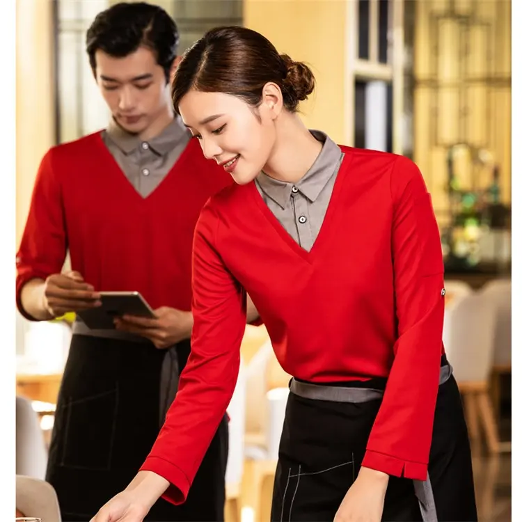 Cucina ristorante hotel pub bar logo personalizzato unisex manica lunga attesa personale cameriere cameriera uniforme top t-shirt camicie t-shirt
