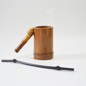Bamboo Cup With Pipe Holder Bent Type Deep Carbonization Solid Color For Smoking Pipes - Product Image 3