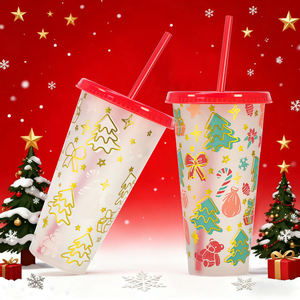 Estampado dorado 710ml 24oz Lindo vaso de plástico reutilizable de temperatura fría mágica Taza que cambia de color de Navidad con tapa y pajita - Product Image 3