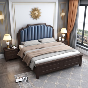 Luxury Style Wooden <b>Bed</b> with Upholstered Blue Headboard, King/Queen Size <b>Bed</b> <b>Frame</b> for Bedroom Furniture - Product Image 3