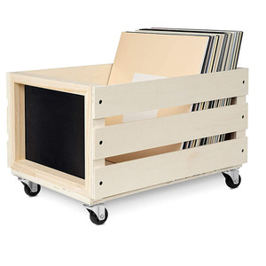 Promotional Easy Mobility Rustic Rectanqular Wooden Record Crates Wood Vinyl Record Storage Crate with Wheels and Chalkboard