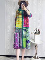 Robe plissée décontractée pour femme à manches longues, col rabattu, imprimé numérique, extensible, grande taille, collection automne