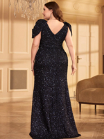 Robe longue de soirée/mariage haut de gamme pour femme grande taille, à manches courtes, en maille patchwork et sequins, avec fermeture éclair