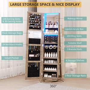 ארון תכשיטים מודרני מעץ מלא עם מראה קסומה 360 מעלות, בגודל מלא, מתאים להתקנה על הרצפה, סטריאו, רב תכליתי, לאחסון תכשיטים, 5+ מלונות - Product Image 2