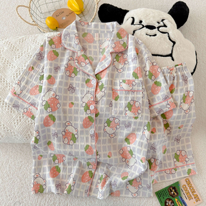 Femmes été à manches courtes Cardigan pyjamas ensemble nuage coton thermique maison vêtements costume revers dessin animé conception vêtements de nuit Shorts - Product Image 4
