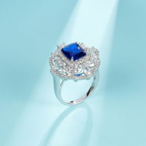 925 Sterling <b>Silver</b> Lab-Created Sapphire <b>Ring</b>, <b>Emerald</b> Cut with Floral Halo Statement <b>Ring</b> - Product Image 3