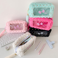 Trousse à crayons en peluche style coréen imperméable, couleur bonbon, avec nœud, pour fille, rangement de papeterie, trousse de maquillage et de toilette pour étudiante, vente en gros