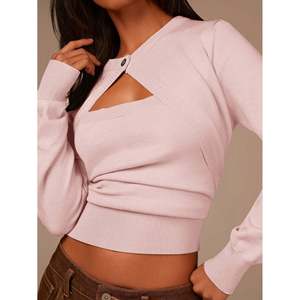 Suéter con cuello redondo y detalle recortado para mujer, amarillo, de manga larga, tejido. - Product Image 3