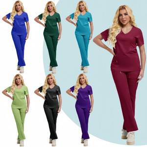 Women Scrub Set Short Sleeve V-Neck Split Uniform Moisture Wicking Hospital Workwear For Nurses Pet Grooming Dentist Operating - Product Image 2