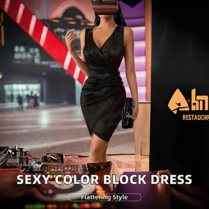 Robe moulante sexy en satin noir, col en V profond, sans manches, ourlet asymétrique, mini-robe de soirée ajustée avec boutons - Product Image 2
