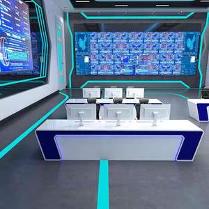 <span class=keywords><strong>Console</strong></span> de contrôle de <span class=keywords><strong>bureau</strong></span> en bois moderne et durable, armoires de rangement réglables, support multi-écrans, design incurvé, laqué <span class=keywords><strong>blanc</strong></span> et bleu - Product Image 2