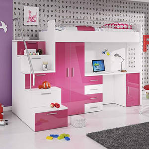 Super Ventes Lit Superposé Rose pour Chambre d'Enfant Ensemble de Meubles Mezzanine en Bois pour Enfants avec Table d'Étude et Bureau - Product Image 3