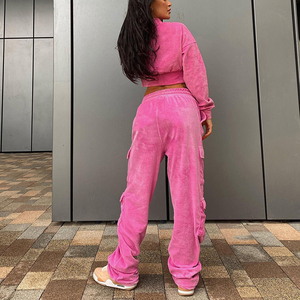 Ensemble décontracté en <span class=keywords><strong>velours</strong></span> côtelé <span class=keywords><strong>français</strong></span> personnalisé avec fermeture éclair, sweat-shirt à col rond et <span class=keywords><strong>pantalon</strong></span>, ensemble jogging 2 pièces pour femmes - Product Image 2