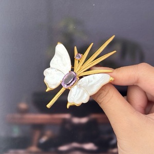 Luxury Amethyst Butterfly Brooch, Vefiery 18K Gold Plated Copper Shell Wing Lapel Pin for Wedding - Product Image 2