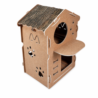 Villa para Gatos de Doble Capa, sin Herramientas, con Recortes de Cabeza y Huella de Gato, en Color Corteza de Roble Natural, 650 x 685 x 875 mm