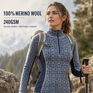 <b>Wool</b> Women's Long Sleeve Half Zip <b>Base</b> <b>Layer</b> Outdoor Sweater Sports Top Custom Logo Premium Warm Soft Breathable Hiking Pullover - Product Image 1