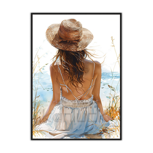 امرأة في ثوب أبيض المشي نحو البحر في إطار غروب الشمس فن الرسم الطباعة - Product Image 1