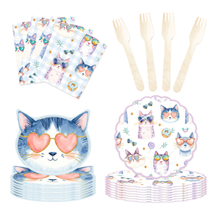 Juego de Platos Desechables de Papel con Diseño de Gato de Dibujos Animados con Gafas en Forma de Corazón, Tema de Fiesta de Gatos de Dibujos Animados, Marca DAMAI - Product Image 1