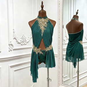 Costume de danse lyrique de luxe fait main, vert foncé, robe de ballet contemporaine en Spandex/Polyester, ornée de strass floraux pour la scène - Product Image 3
