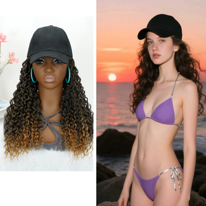Perruques de <span class=keywords><strong>cheveux</strong></span> bouclés ondulés ondulés longs synthétiques moelleux avec chapeau Baseball naturellement connecter perruque de chapeau réglable - Product Image 1