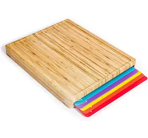 Ensemble de planche à découper en bois de bambou avec tapis en plastique de 6 couleurs Tapis de découpe flexibles codés avec icônes de nourriture-Ensemble de planche à découper
